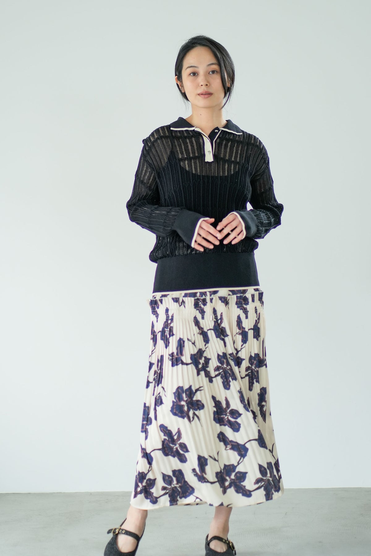 【Lallia Mu】 ロングスリーブメッシュニットポロ 2711452／2月上旬～2月中旬発送予定