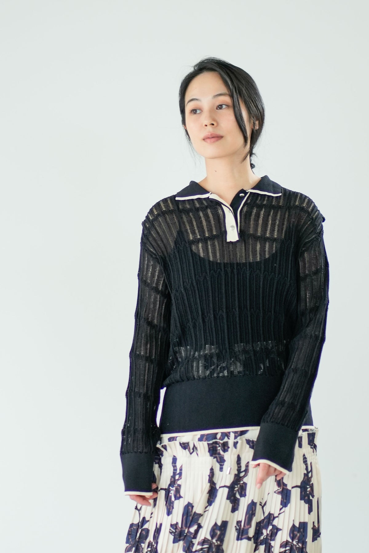 【Lallia Mu】 ロングスリーブメッシュニットポロ 2711452／2月上旬～2月中旬発送予定
