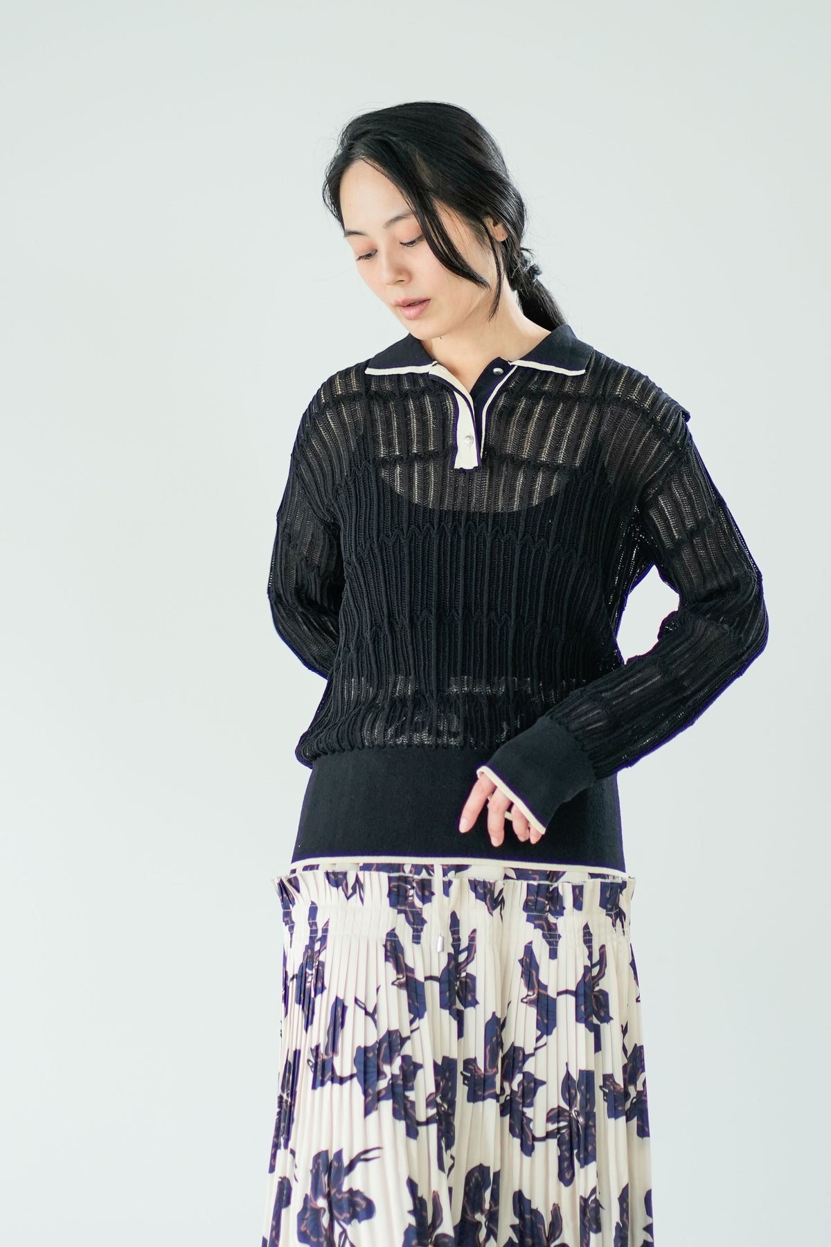 【Lallia Mu】 ロングスリーブメッシュニットポロ 2711452／2月上旬～2月中旬発送予定