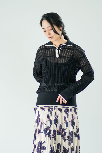 【Lallia Mu】 ロングスリーブメッシュニットポロ 2711452／2月上旬～2月中旬発送予定