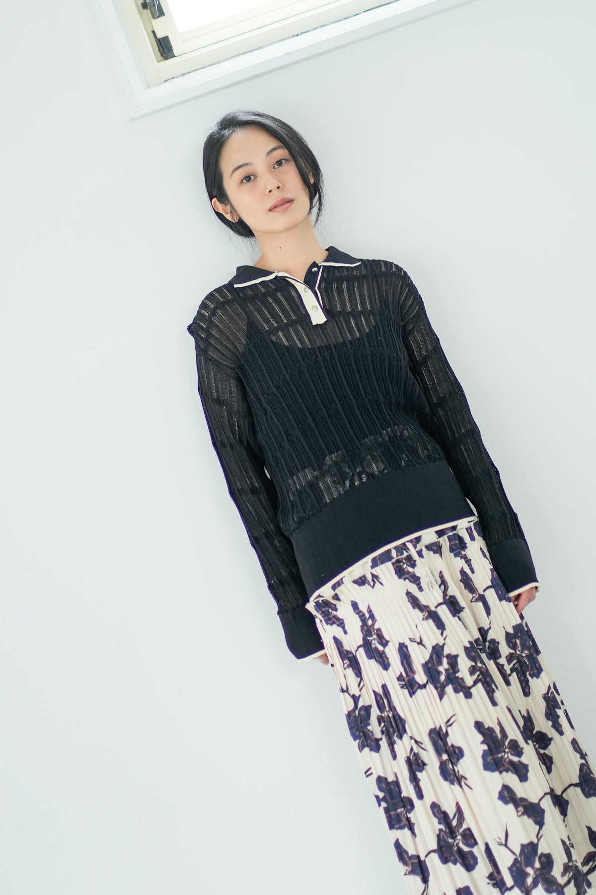 【Lallia Mu】 ロングスリーブメッシュニットポロ 2711452／2月上旬～2月中旬発送予定