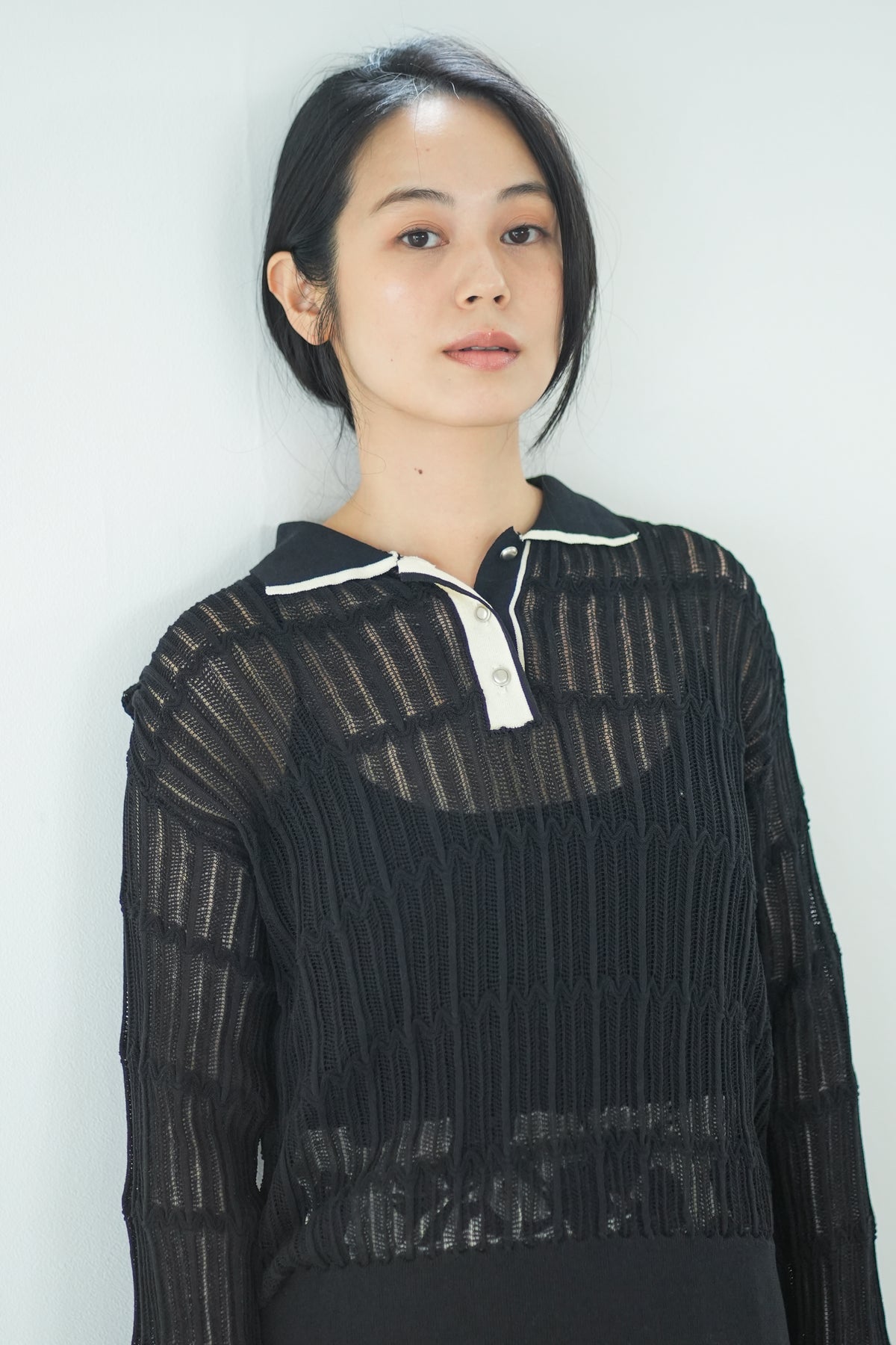 【Lallia Mu】 ロングスリーブメッシュニットポロ 2711452／2月上旬～2月中旬発送予定