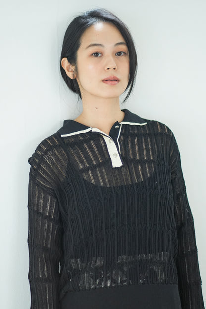 【Lallia Mu】 ロングスリーブメッシュニットポロ 2711452／2月上旬～2月中旬発送予定