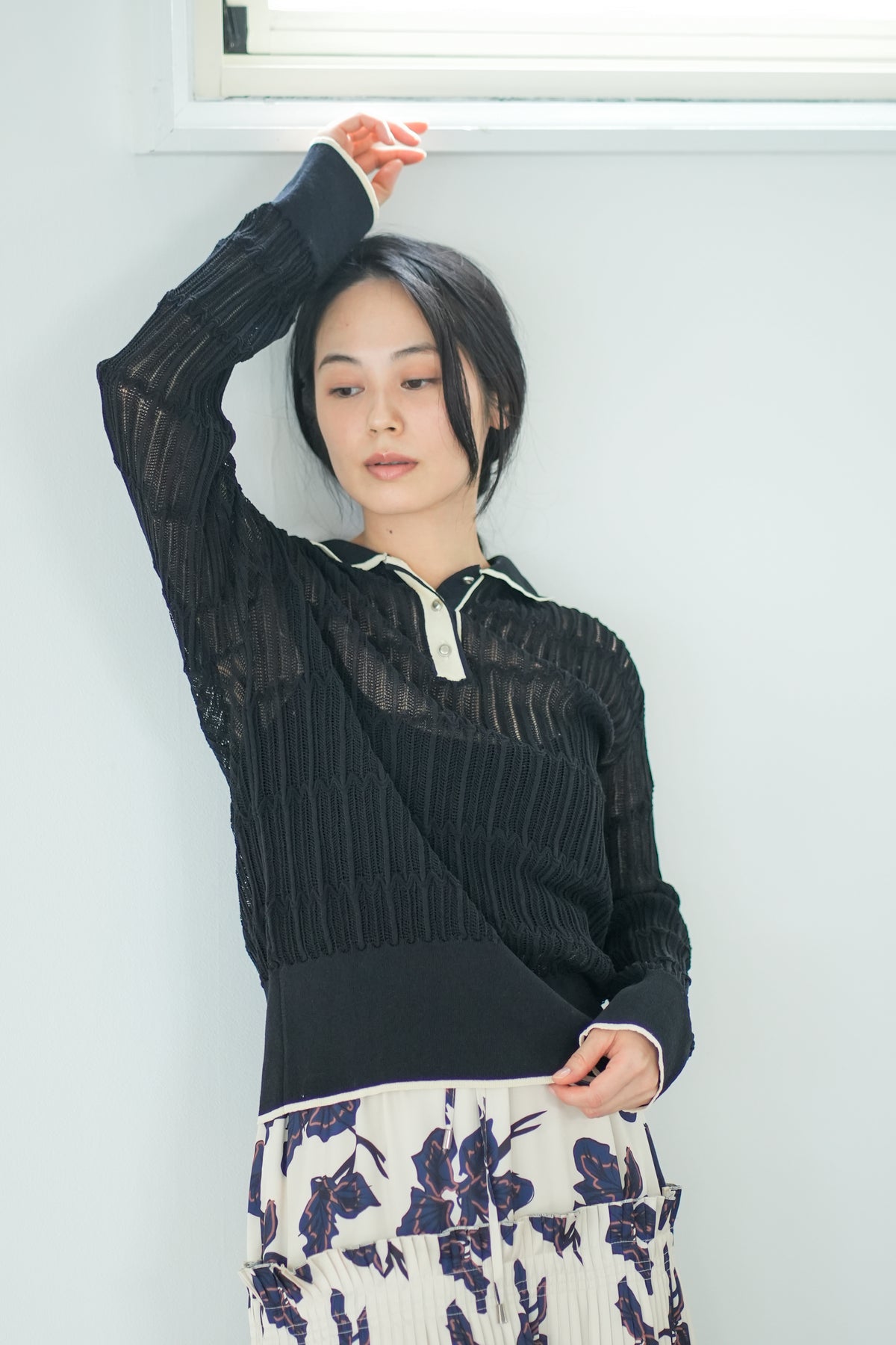 【Lallia Mu】 ロングスリーブメッシュニットポロ 2711452／2月上旬～2月中旬発送予定