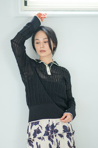 【Lallia Mu】 ロングスリーブメッシュニットポロ 2711452／2月上旬～2月中旬発送予定