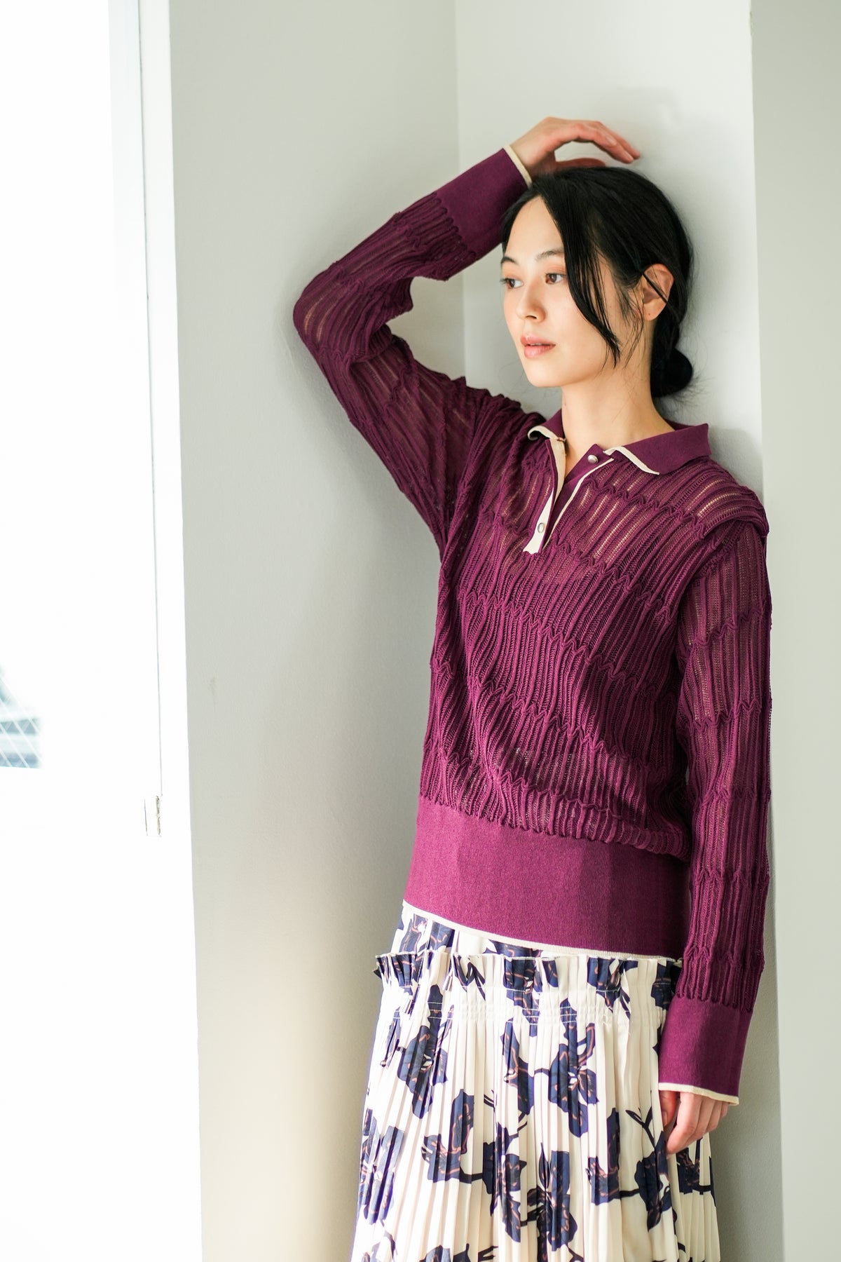 【Lallia Mu】 ロングスリーブメッシュニットポロ 2711452／2月上旬～2月中旬発送予定