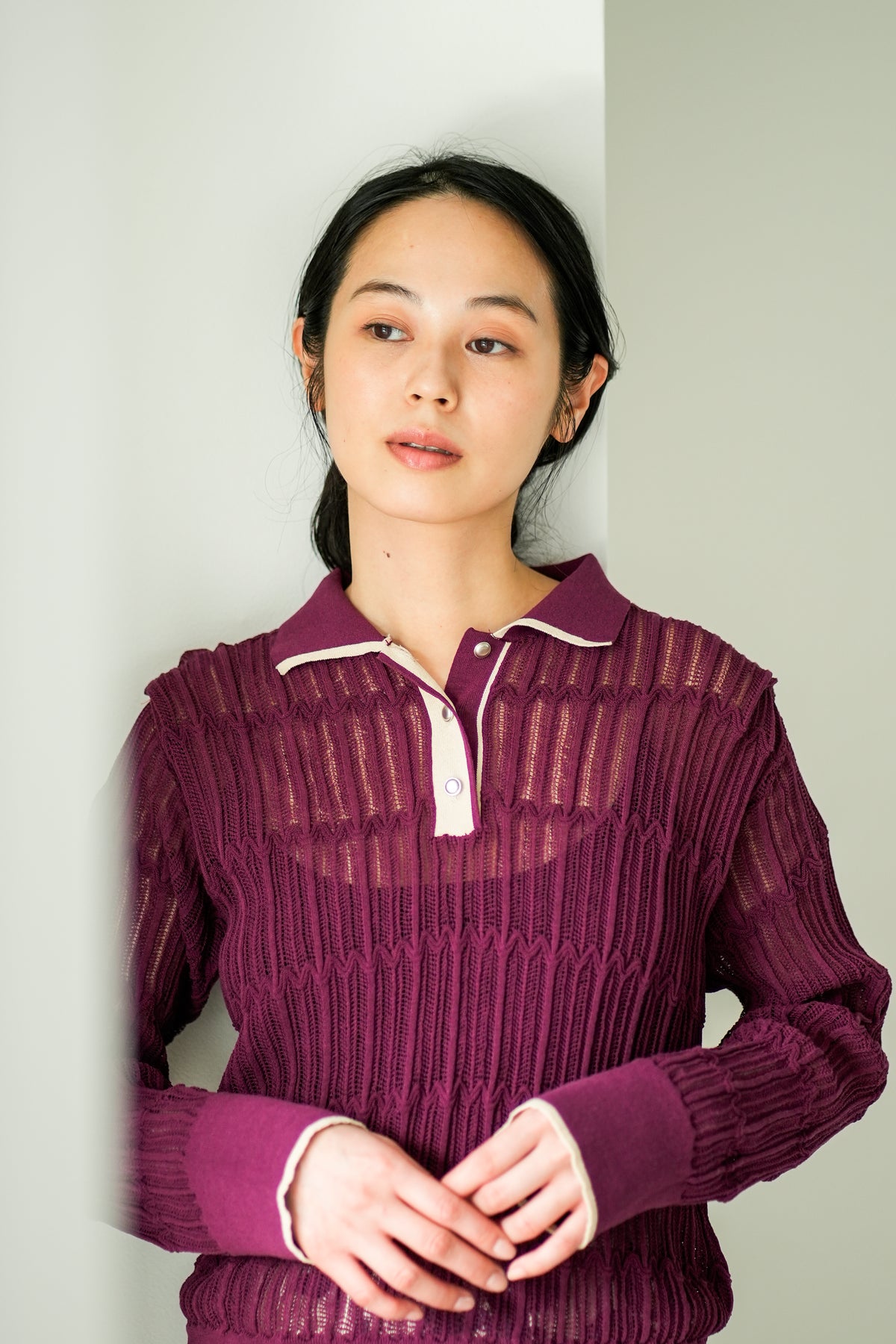 【Lallia Mu】 ロングスリーブメッシュニットポロ 2711452／2月上旬～2月中旬発送予定