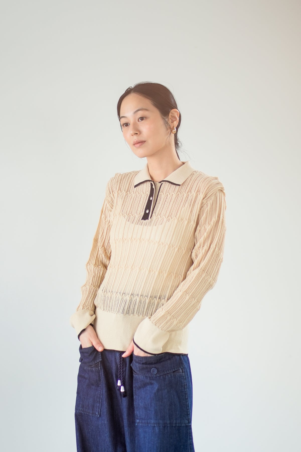 【Lallia Mu】 ロングスリーブメッシュニットポロ 2711452／2月上旬～2月中旬発送予定
