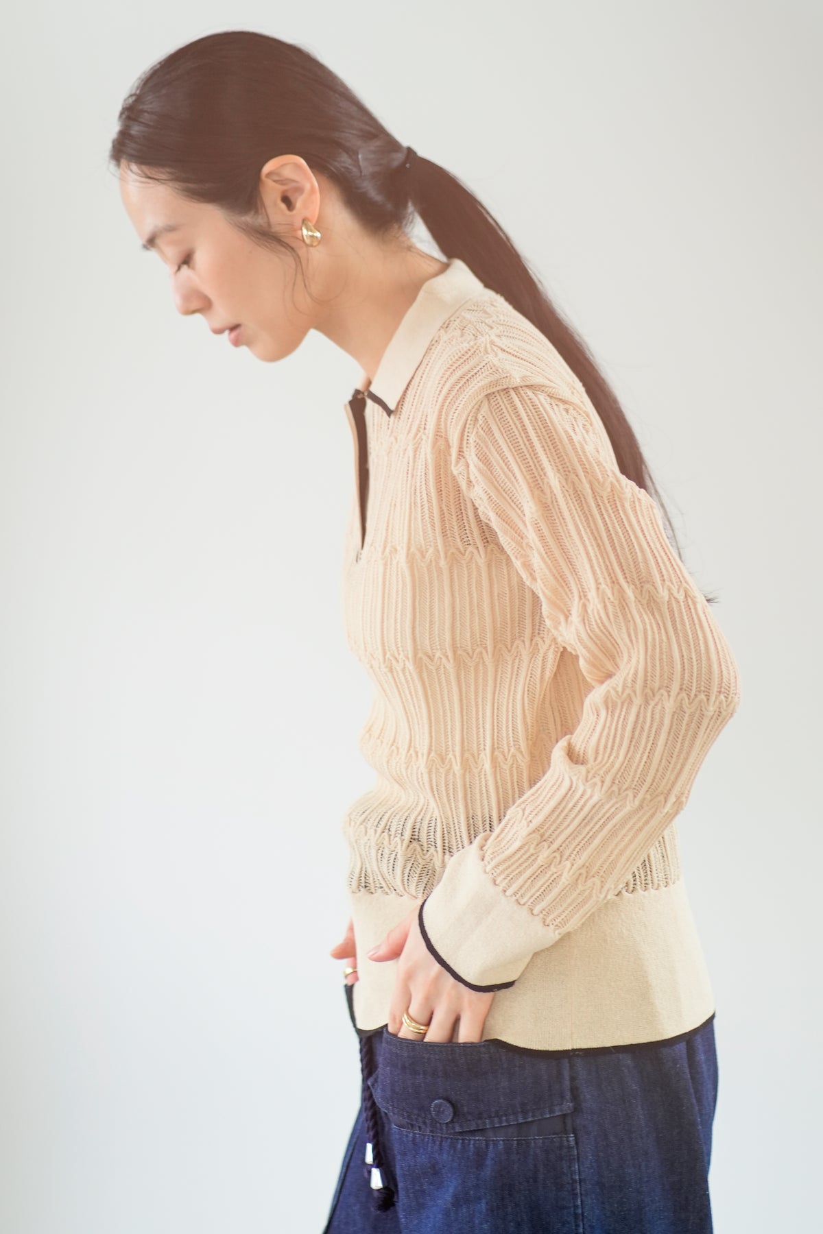 【Lallia Mu】 ロングスリーブメッシュニットポロ 2711452／2月上旬～2月中旬発送予定