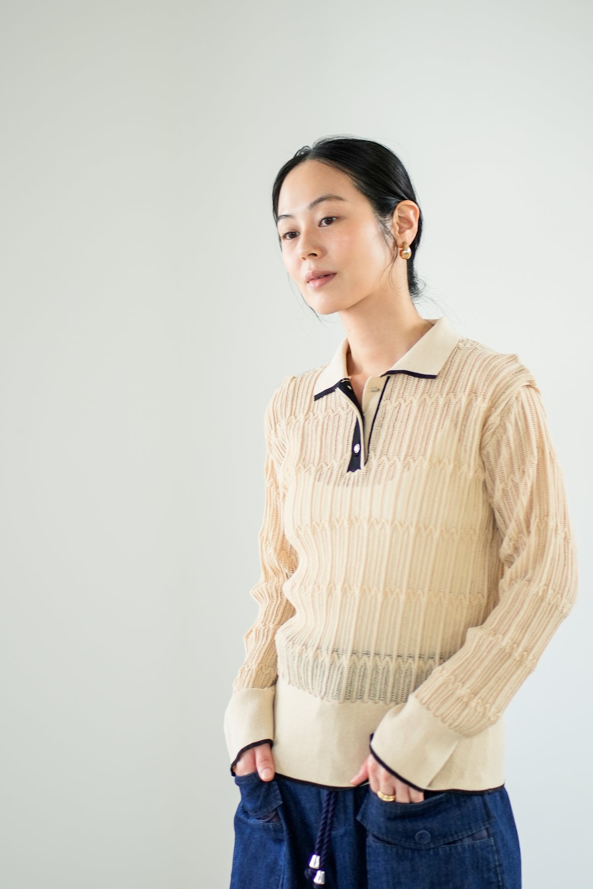 【Lallia Mu】 ロングスリーブメッシュニットポロ 2711452／2月上旬～2月中旬発送予定