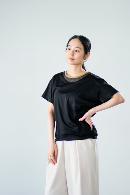 【Lallia Mu】 オーガンジーネックバイカラーカットソー 2711534／3月上旬～3月中旬発送予定