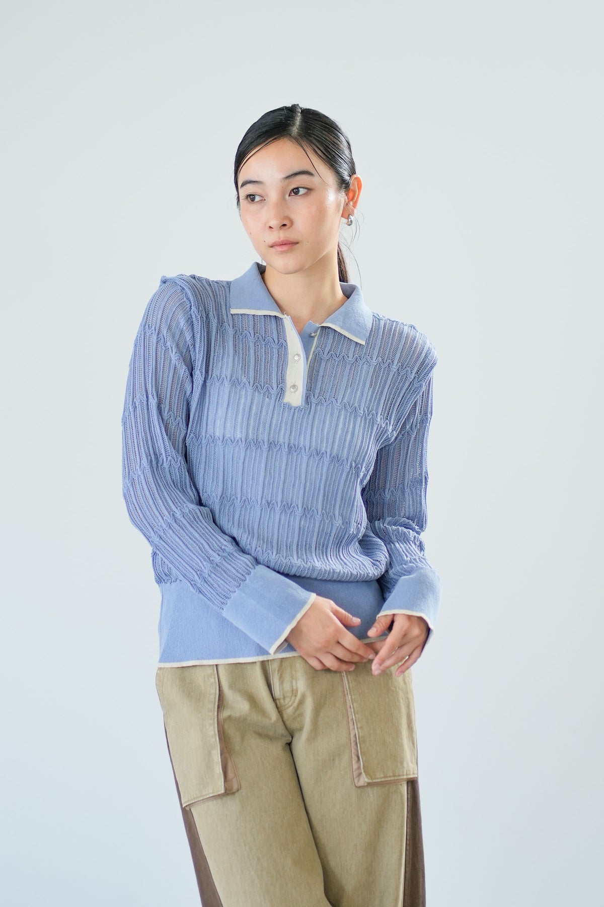 【Lallia Mu】 ロングスリーブメッシュニットポロ 2711452／2月上旬～2月中旬発送予定