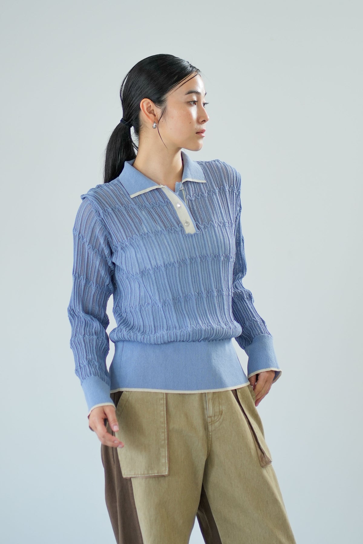 【Lallia Mu】 ロングスリーブメッシュニットポロ 2711452／2月上旬～2月中旬発送予定