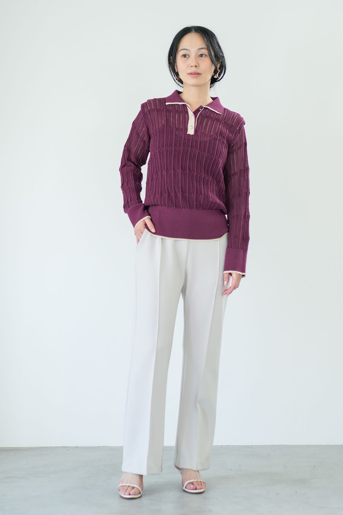 【Lallia Mu】 ロングスリーブメッシュニットポロ 2711452／2月上旬～2月中旬発送予定