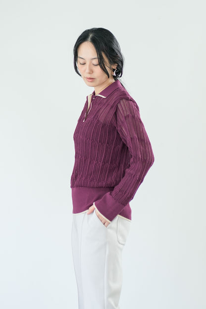 【Lallia Mu】 ロングスリーブメッシュニットポロ 2711452／2月上旬～2月中旬発送予定