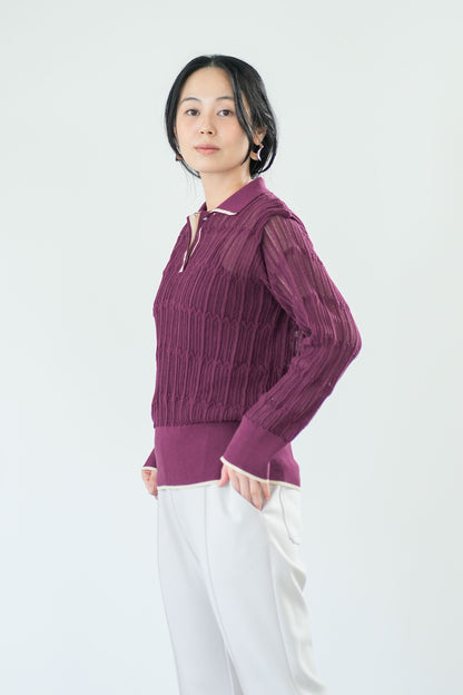 【Lallia Mu】 ロングスリーブメッシュニットポロ 2711452／2月上旬～2月中旬発送予定