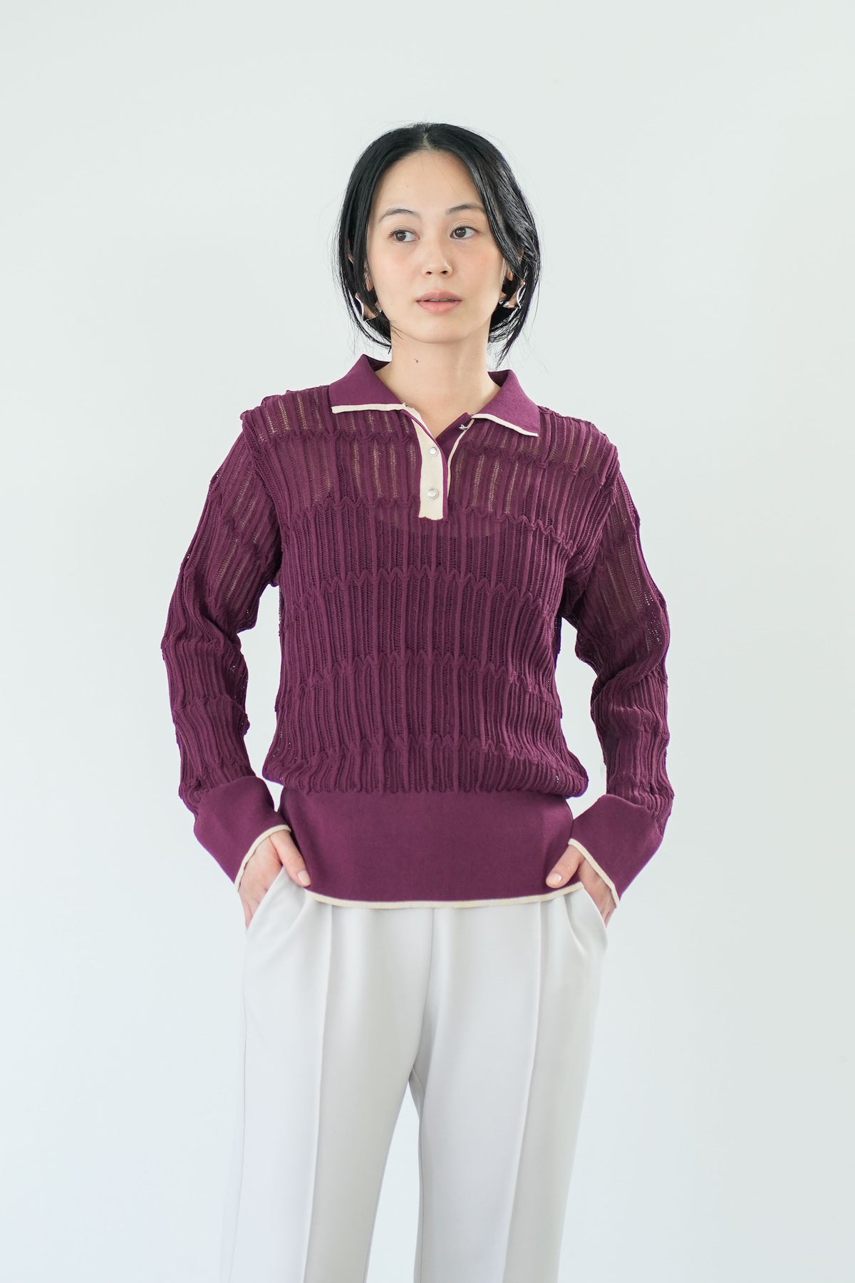 【Lallia Mu】 ロングスリーブメッシュニットポロ 2711452／2月上旬～2月中旬発送予定