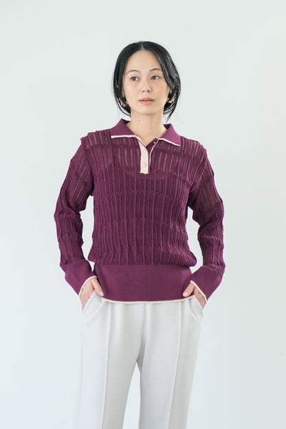 【Lallia Mu】 ロングスリーブメッシュニットポロ 2711452／2月上旬～2月中旬発送予定