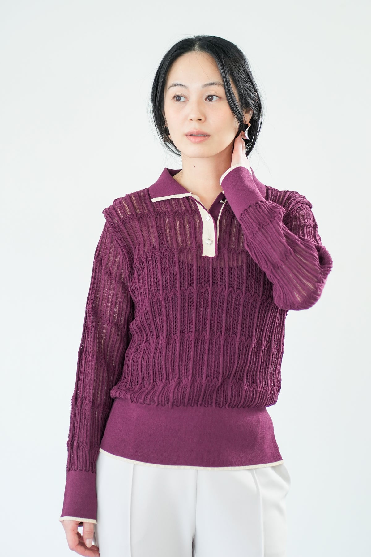 【Lallia Mu】 ロングスリーブメッシュニットポロ 2711452／2月上旬～2月中旬発送予定