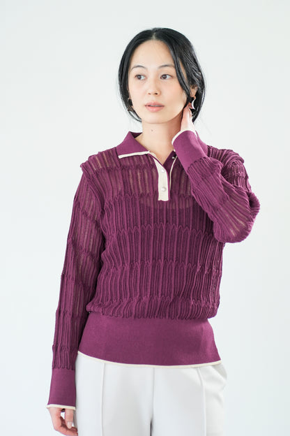 【Lallia Mu】 ロングスリーブメッシュニットポロ 2711452／2月上旬～2月中旬発送予定