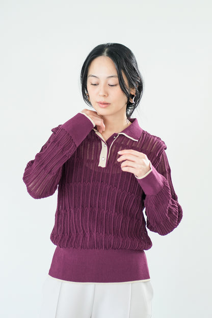 【Lallia Mu】 ロングスリーブメッシュニットポロ 2711452／2月上旬～2月中旬発送予定