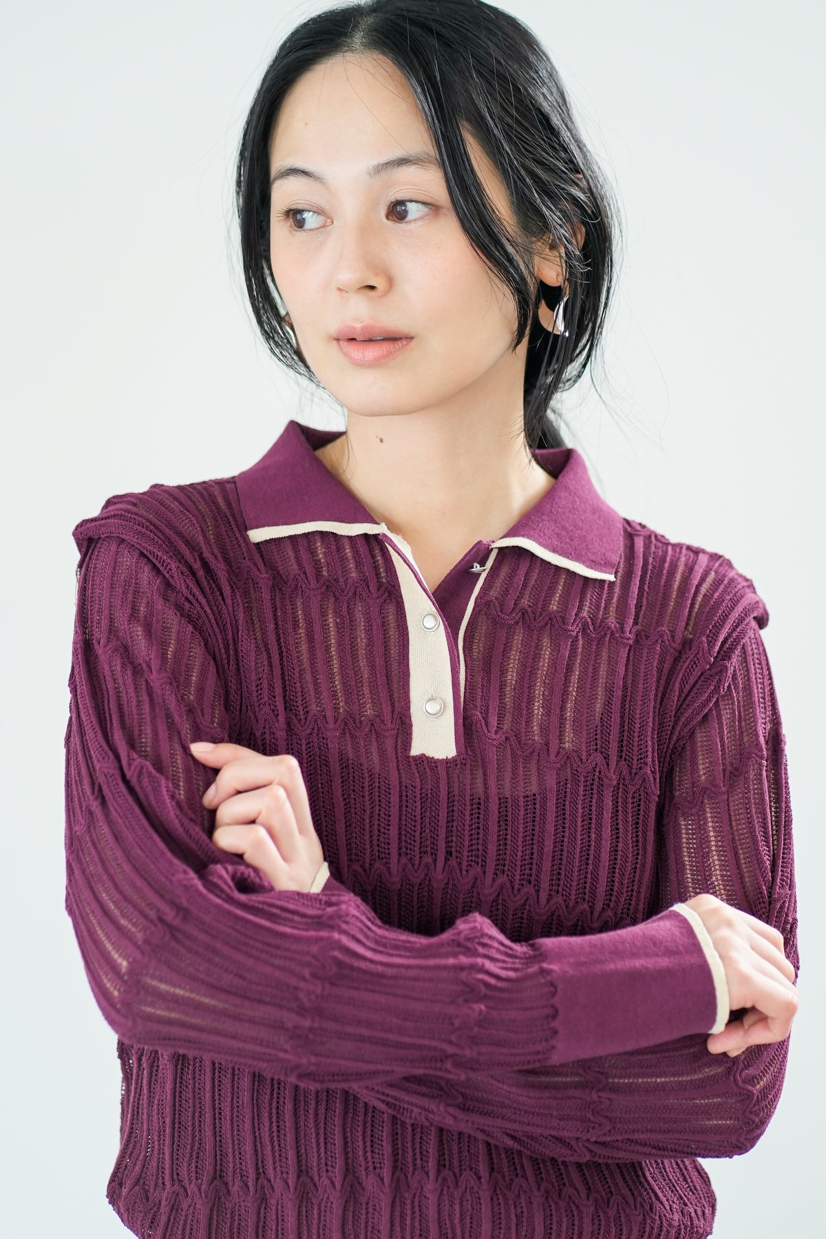 【Lallia Mu】 ロングスリーブメッシュニットポロ 2711452／2月上旬～2月中旬発送予定