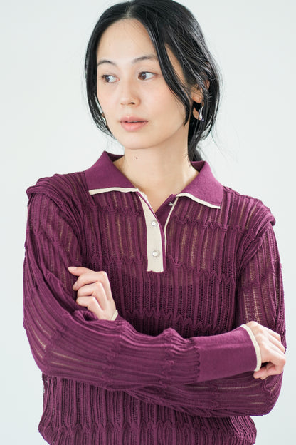 【Lallia Mu】 ロングスリーブメッシュニットポロ 2711452／2月上旬～2月中旬発送予定