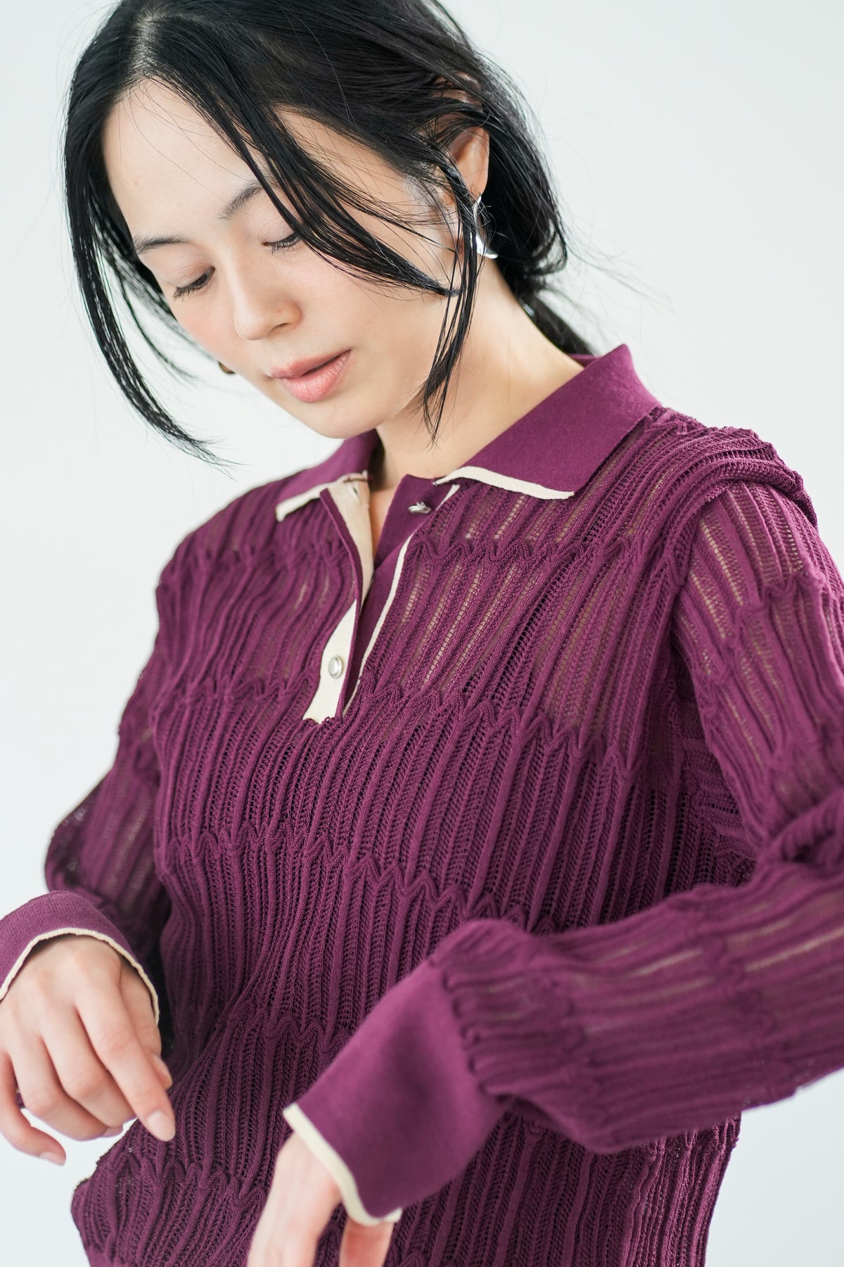 【Lallia Mu】 ロングスリーブメッシュニットポロ 2711452／2月上旬～2月中旬発送予定