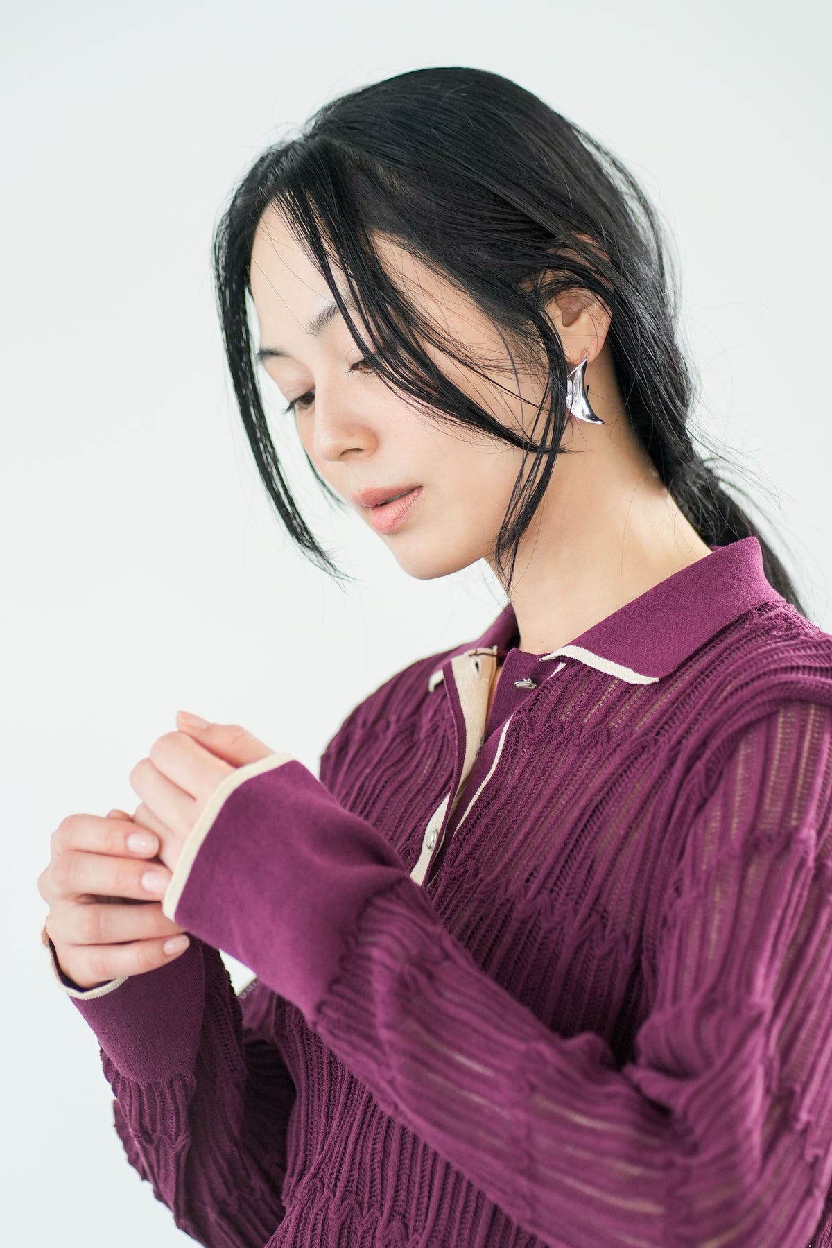 【Lallia Mu】 ロングスリーブメッシュニットポロ 2711452／2月上旬～2月中旬発送予定