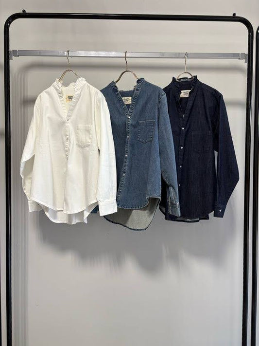 【MARGAUX VINTAGE | '27 Spring Collection】 ライトオンスデニムフリルシャツ   BL 27014／1月中旬から2月中旬発送予定